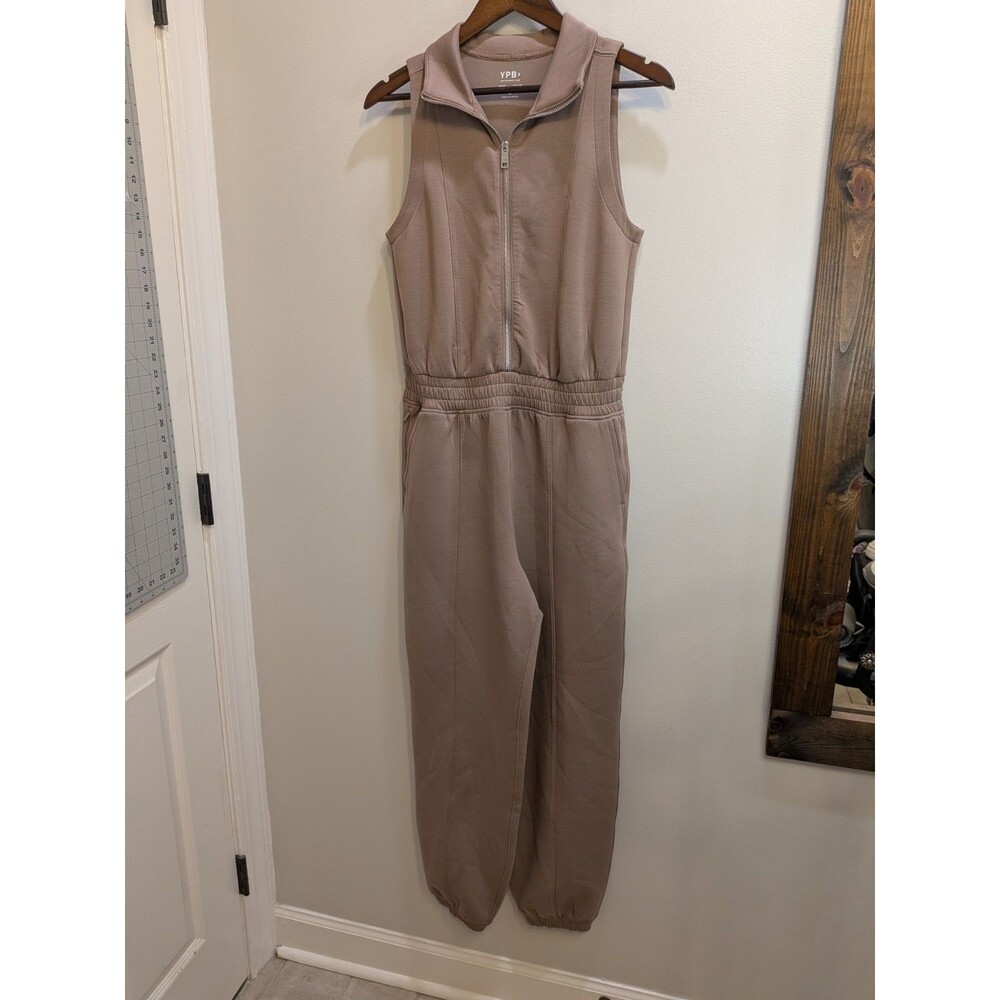 YPB neoKNIT Brown Sleeveless Zip Jumpsuit M Elastic Waist Pockets Tapered - Picture 2 of 11